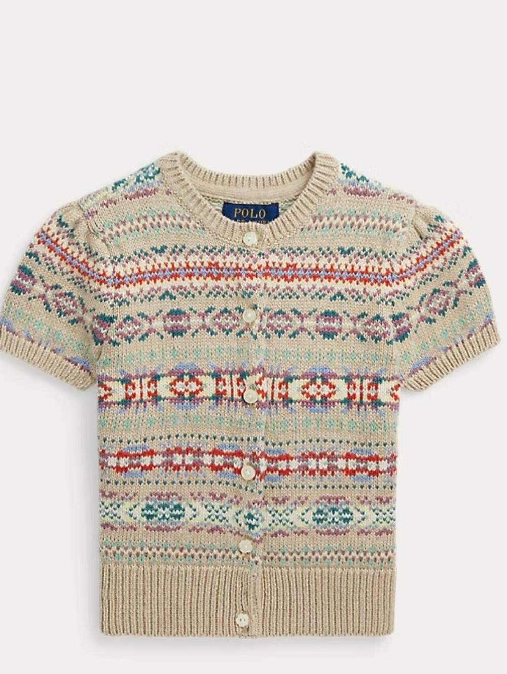 Short-Sleeve Fair Isle Knit Cardigan Sweater - Cream Multi